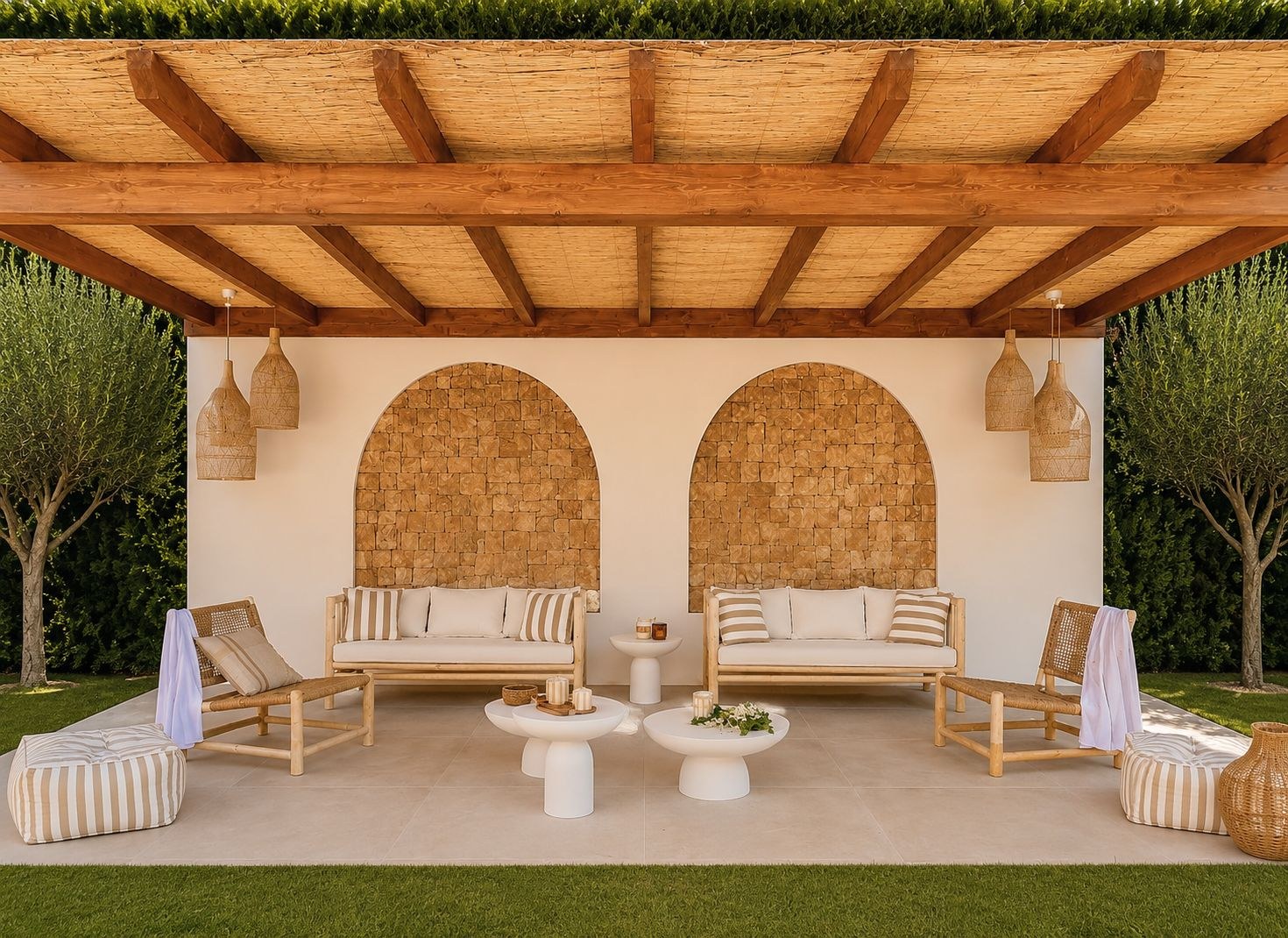 Pergola mediterránea con arcos de piedra